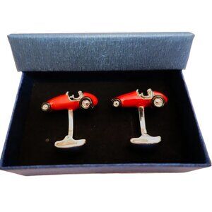 Brand New Chrome & Enamel Vintage 1950s Racecar Style 3D Cufflinks Case, Silver